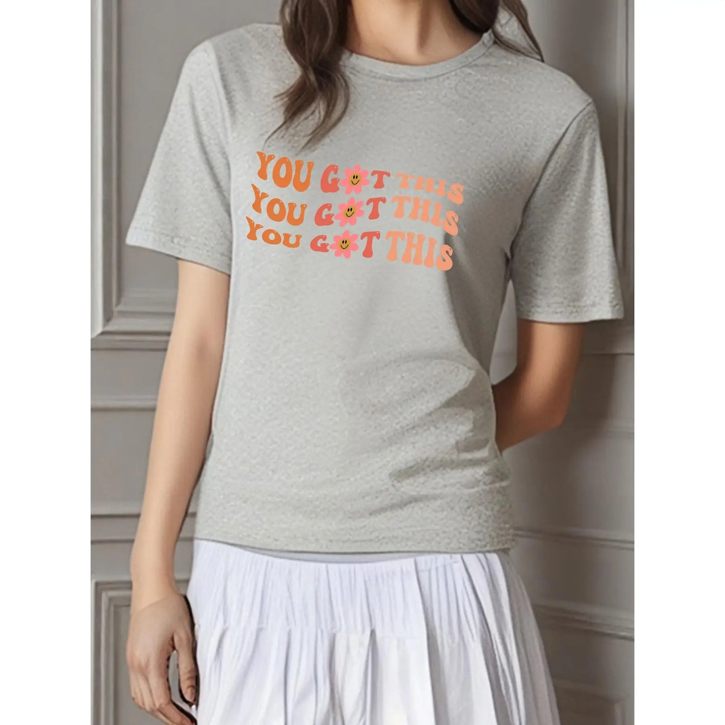 Women's Inspirational "You Got This" Flower Print T-shirt Short Sleeve Loose Casual Motivational Top Positive Boho Style
