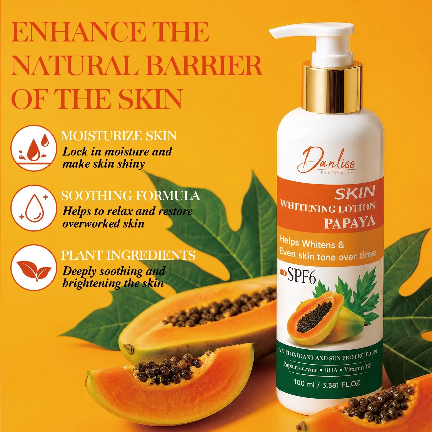 Danliss Papaya Skin Whitening Lotion with SPF6 – 100ml Body & Foot Moisturizer for Even Tone, Antioxidant & Sun Protection.