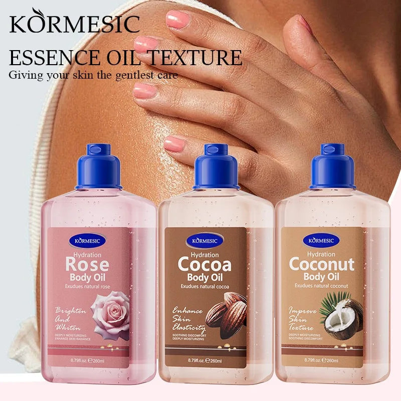 KORMESIC Body Oil 260ml Rose/Cocoa/Coconut Hydrating Brighten Skin Texture Soothe Discomfort Essential Oil