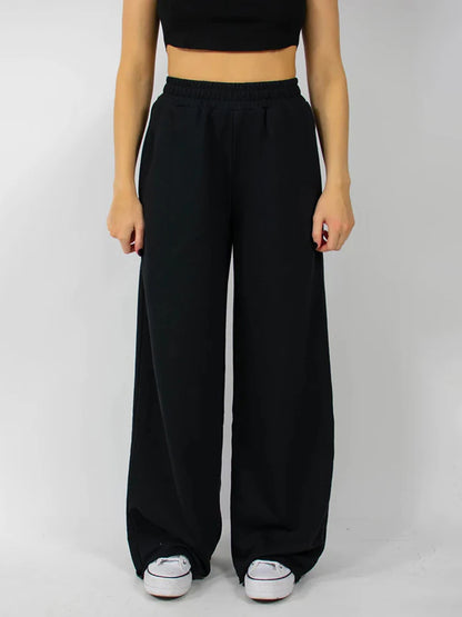 Women s High Waist Wide-Leg Pants in Solid Color Elastic Waistband Loose Fit Casual Fall Sweatpants with Straight Bottoms