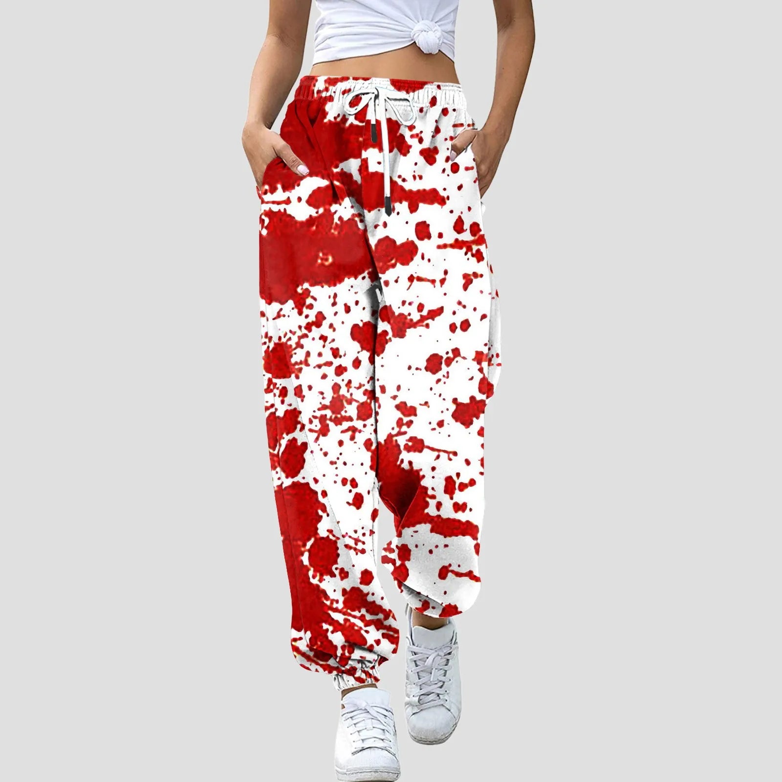 Women Halloween Blood Print Pants Bottom Sweatpants Drawstring Pockets High Waist Sporty Gym Athletic Fit Jogger Pants Trousers