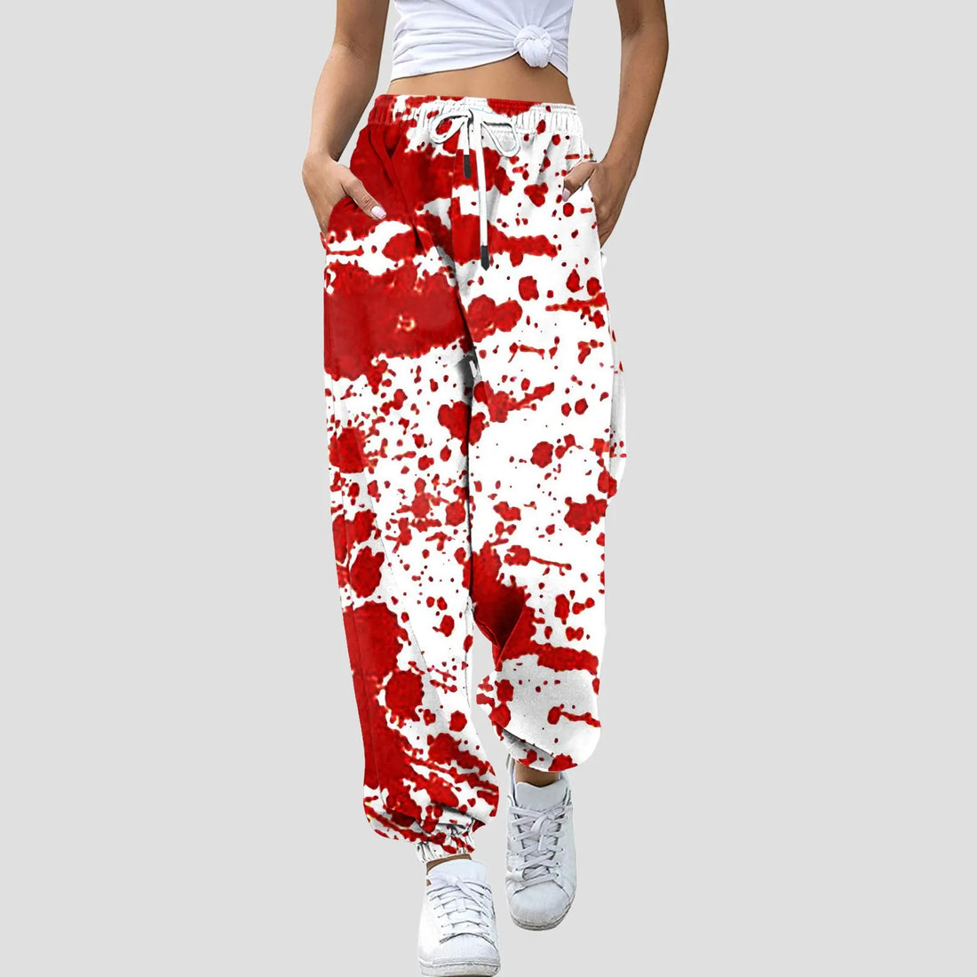 Women Halloween Blood Print Pants Bottom Sweatpants Drawstring Pockets High Waist Sporty Gym Athletic Fit Jogger Pants Trousers