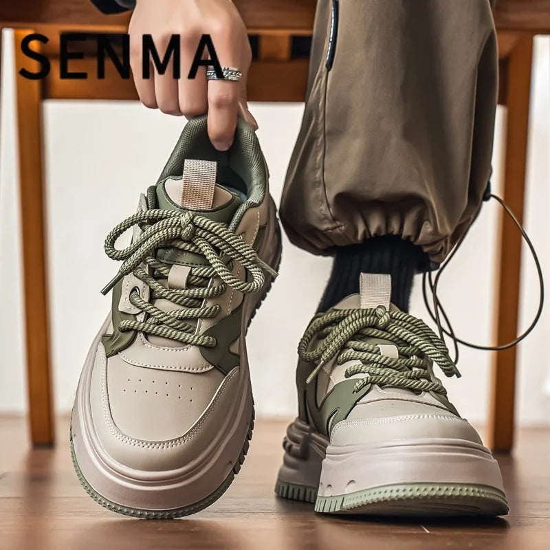 SENMA Comfortable Men's Shoes Street Fashion Art Board Shoes Thick Sole Low-Top Leather Casual Sneakers Tennis/Walking Sneakers