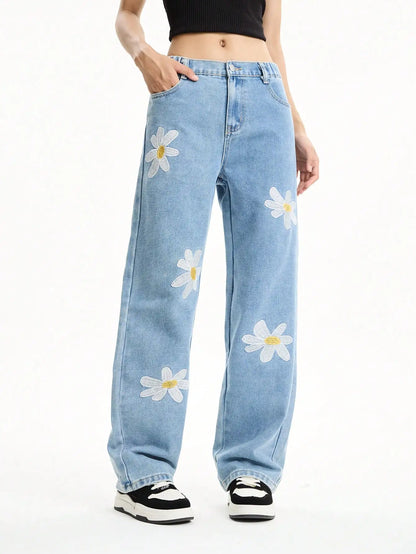 Middle and large girls youth college style loose wide-leg straight pants casual long versatile jeans