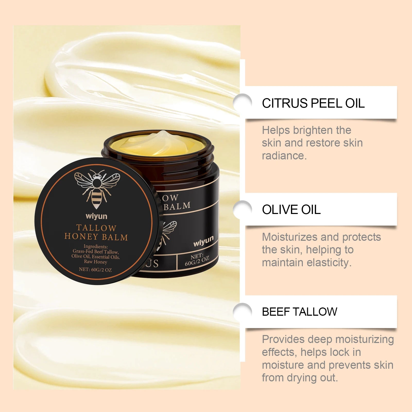Tallow Honey Balm Moisturizing Cream for Face Body Grass Fed Beef Tallow Balm Natural Deep Moisturizer Soft Soothing Skin