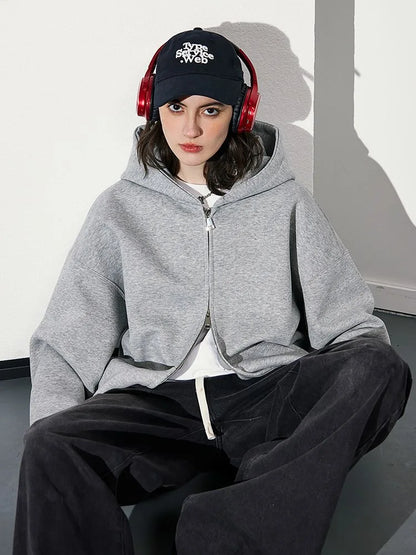 Women's Fashion Warm Hooded Jacket Fall Autumn Winter Gray Long Sleeve Pocket Double Zipper Jacket Commuter Casual Women Jacket