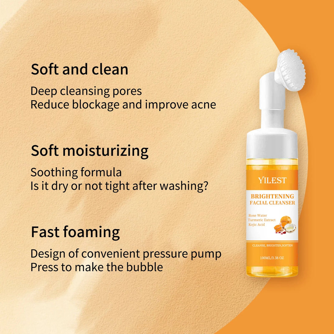 YILEST Brightening Facial Cleanser 100ml - with Kojic Acid, Turmeric & Rose Water, Soft Brush Head for Deep Cleansing, Acne Care Halalzen