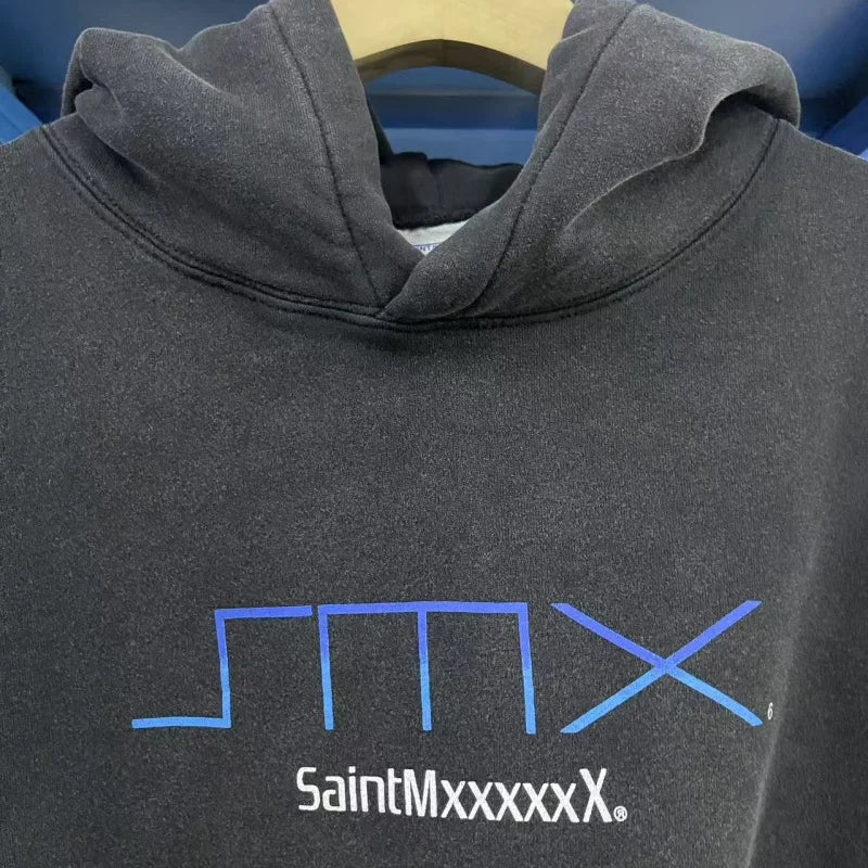 Saint Letter Print Hoodie Vintage Distressed Design Autumn Winter Warm Mens Loose Casual Sweatshirt