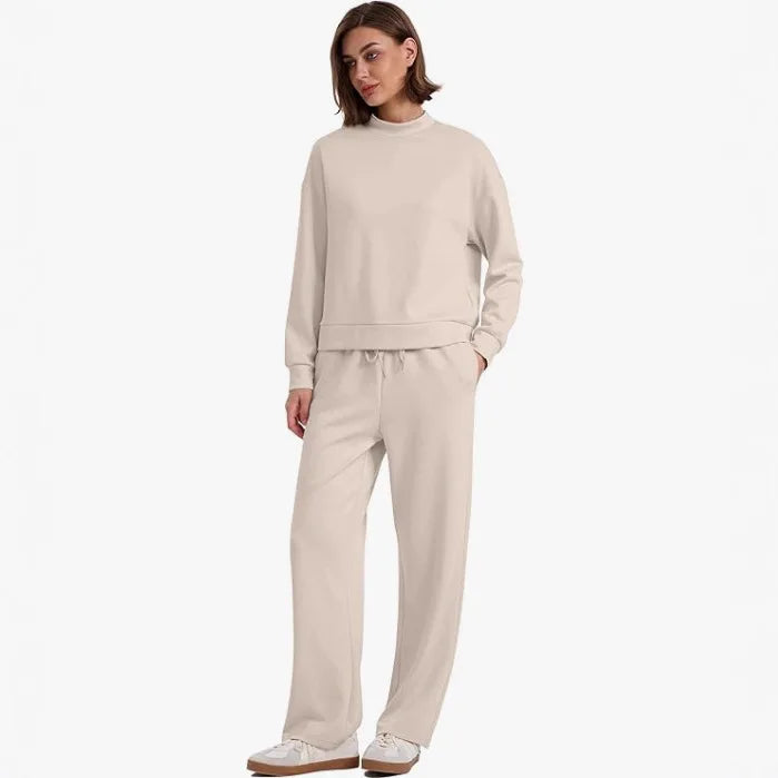 2025 Casual Daily Sports Women's Suits Fashionable Solid Color Loose Long-sleeved Sweatshirt With Wide-leg Pants Two-piece Set