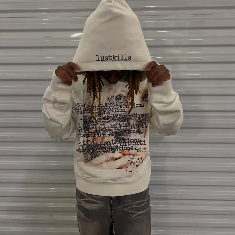 Artistic Design Patterns Printing Casual Loose White Distressed Pullover Hoodie Y2K Fashion Men Women Versatile Trend Streetwear