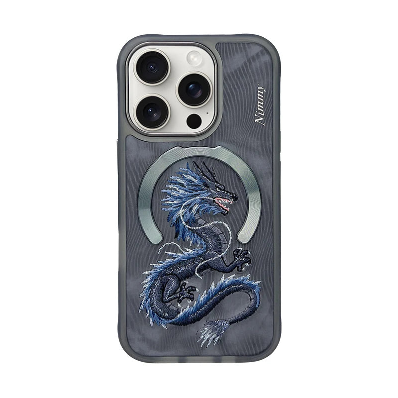 Dragon Phoenix 3D Embroidery Protective Case For iPhone 16 Pro Max Magnetic Wireless Charger Trend Original Fashion Cover