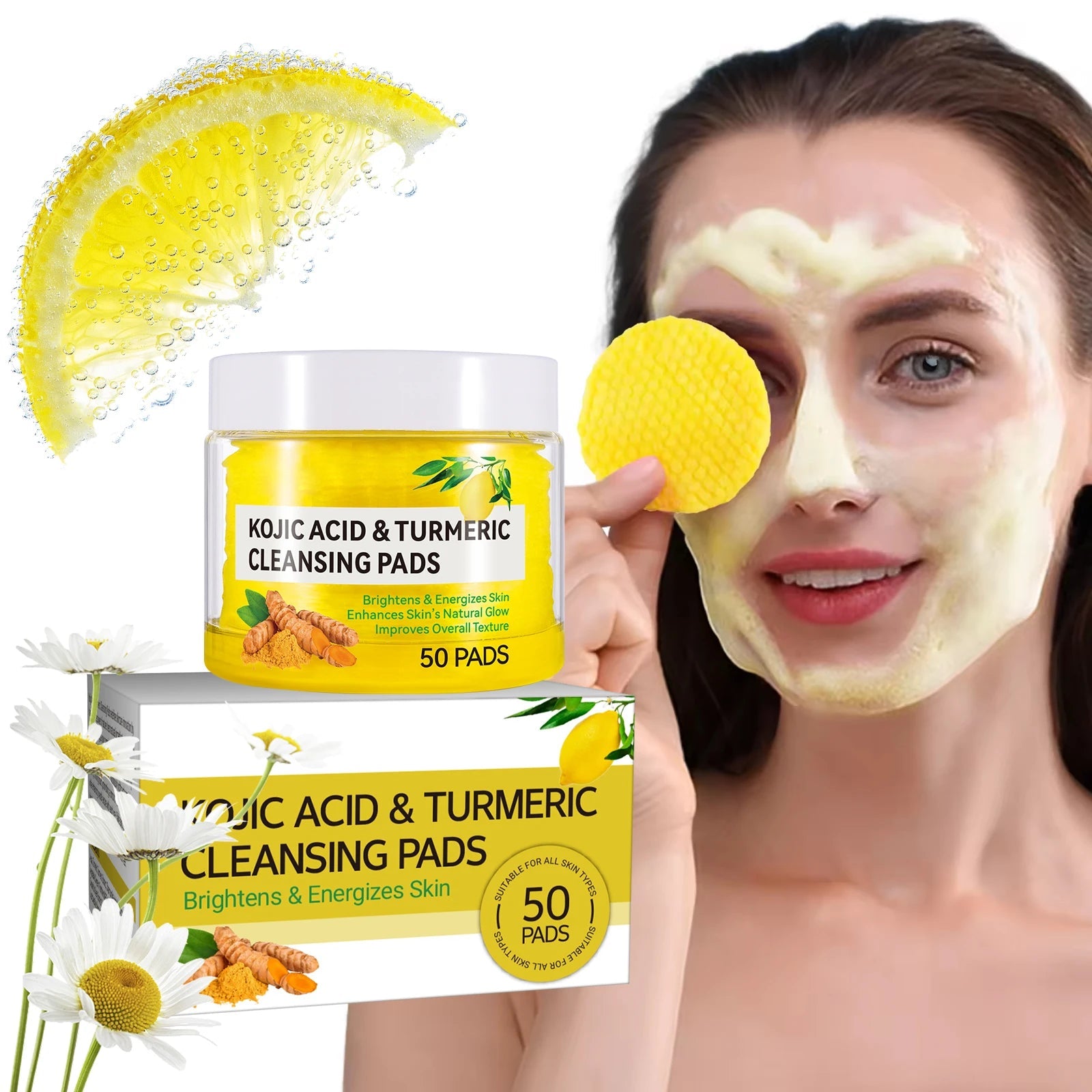 50pcs Kojic Acid Turmeric Cleansing Pads Curcuma Longa Root Facial Sponges Exfoliating Pads Daily Cleansing Skin Care Product Halalzen