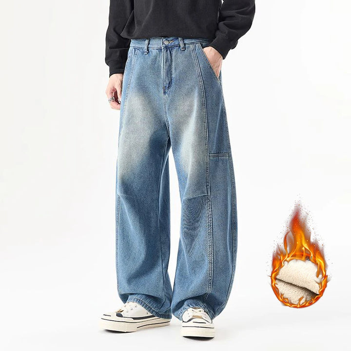 Herren-Fleece-Jeans, dick, geschwungen, mit Messerschnitt, amerikanischer Retro-Stil, lockere, weite Jeans, Vintage-Casual-Design