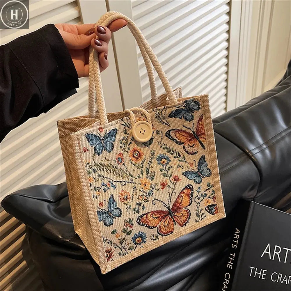 Fashion Linen Handbag Butterfly Printed Canvas Bag Casual Women Recycle Tote Portable Shopping Bag Student Lunch Food Bento Bag HALALZEN