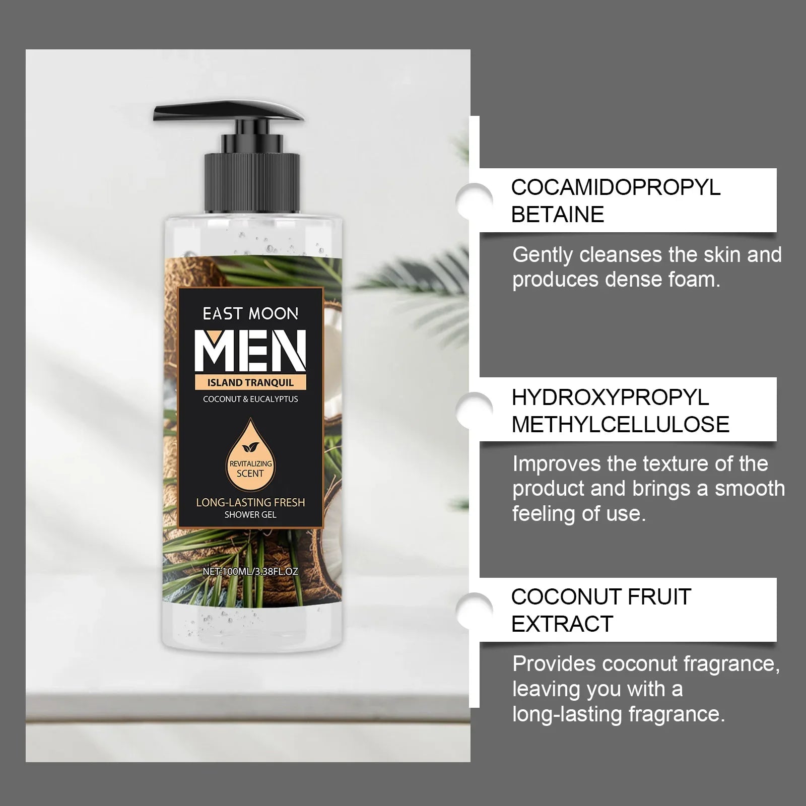 Men's Eucalyptus Coconut Body Wash Deep Cleansing Shower Gel Refreshing Scent Long Lasting Fragrance Oil Control 100ml Halalzen