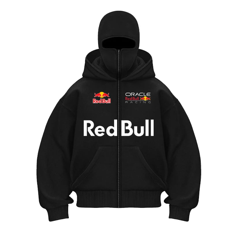 Red Bull Logo Winter Motorcycle Jacket Double Hat Design Loose Fit Windproof Hoodie Ninja Mask Sportswear Versatile Winter Outer