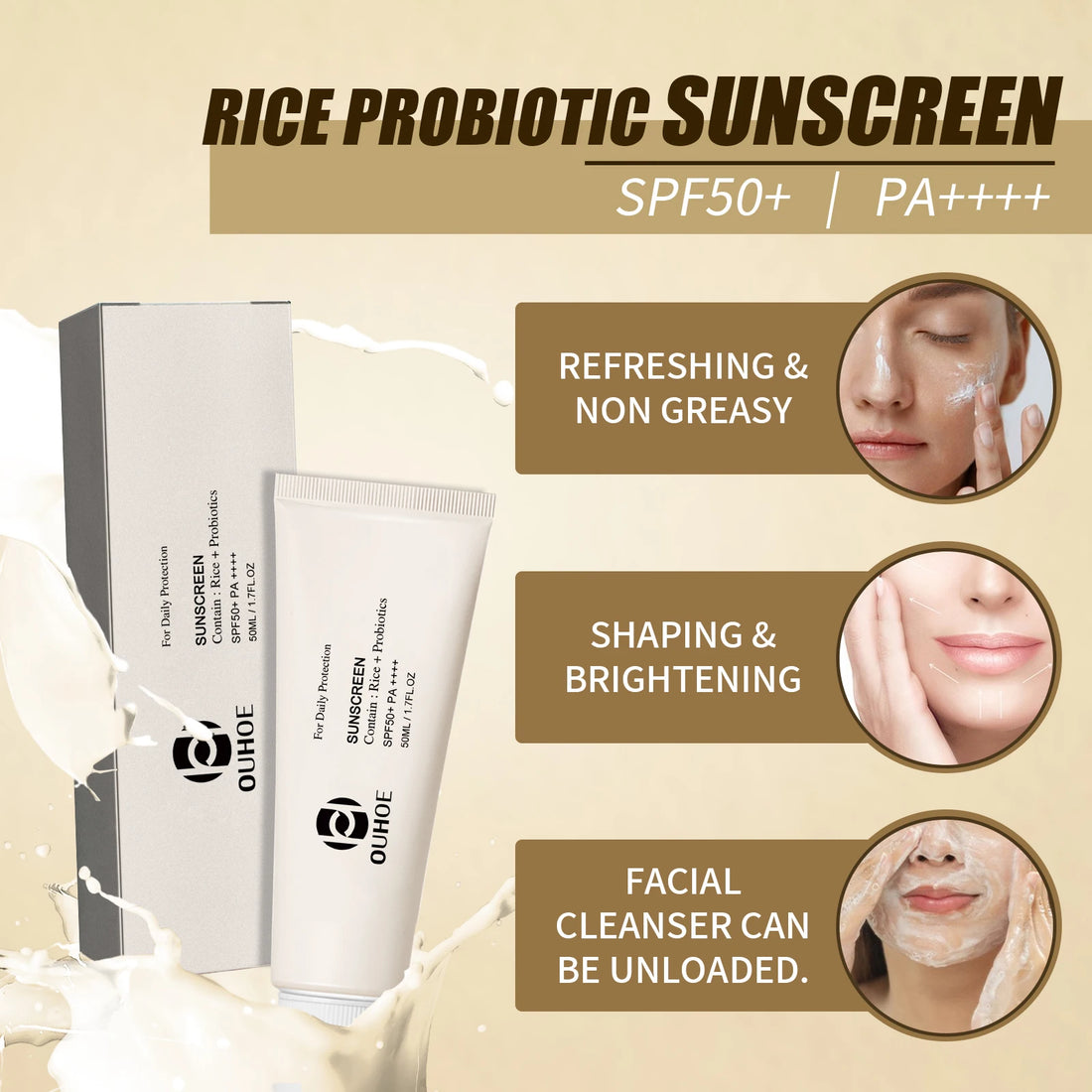 SPF 50 Face Sunscreen Non Lightweight Rice Probiotic Brightening Greasy UV Protection Moisturizing Cream for Sensitive Skin