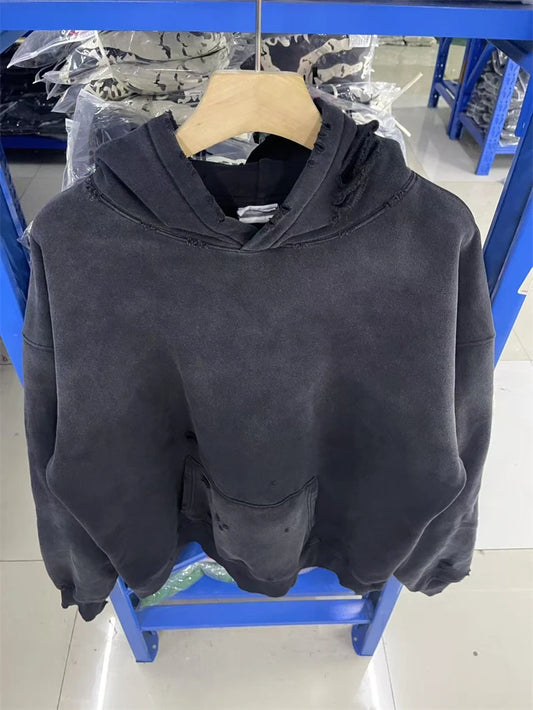 New VTG Saint Letter Logo Print Washed Hoodie Cotton Casual For Men Women Hip Hop Oversize High Street Damaged Hole Streetwear