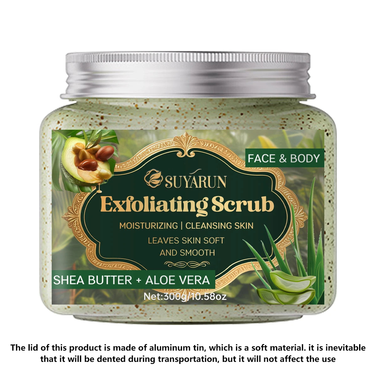 SUYARUN Shea Butter & Aloe Vera Exfoliating Scrub - Natural Face & Body Scrub, Gentle Exfoliator for Sensitive Skin.