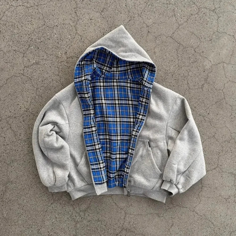 Grey Casual Spring Oversized Reversible Hoodies Women Men Streetwear Clothes Hoodie With Plaid Lining Sweatshirt Streetwear Tops