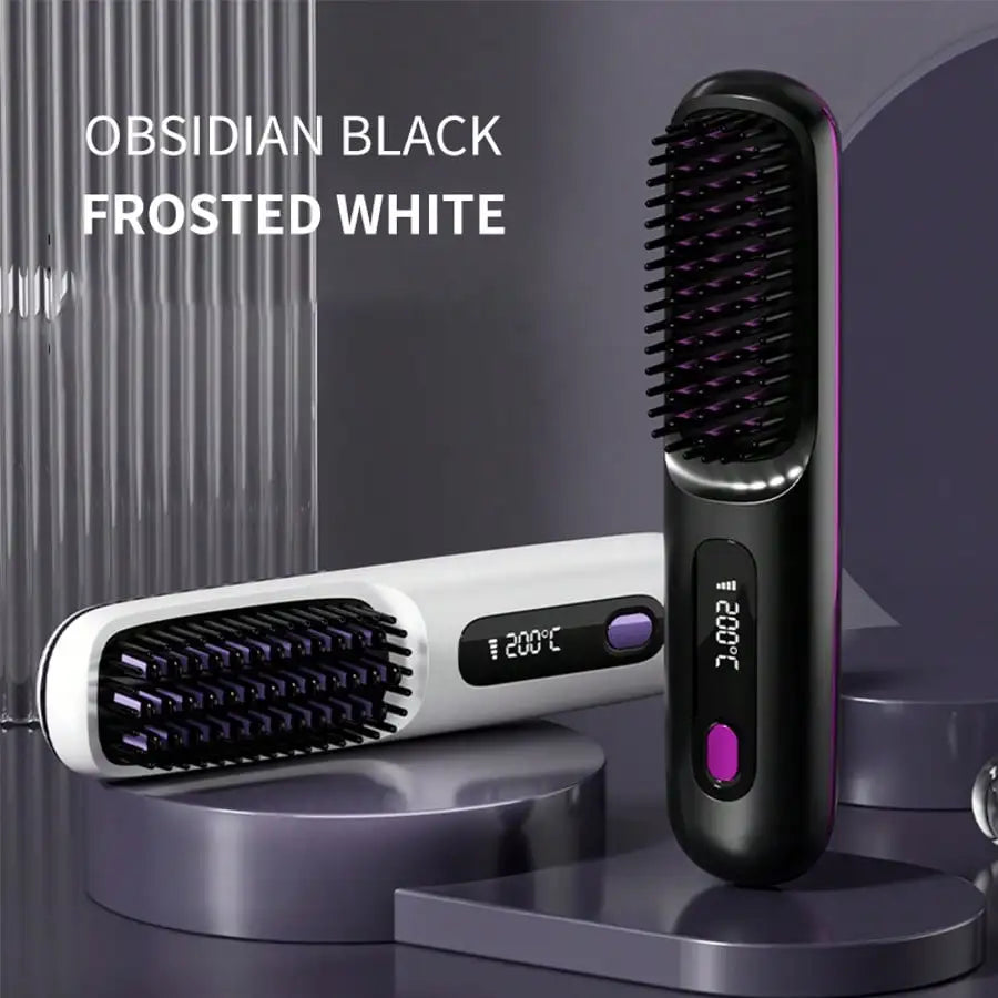 Portable Wireless Hair Straightener Comb, USB Rechargeable Straightening Brush with 3 Speed Temperature Control, Negative Ion Technology, LED Display, Lightweight Travel Hair Straightener with Comb and Clip Included