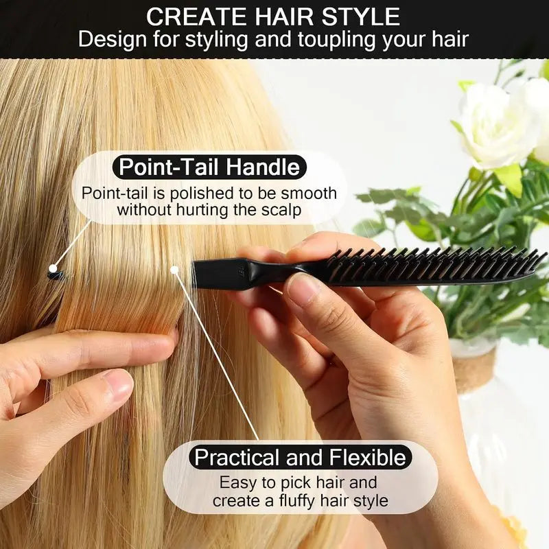 3 Row Hair Comb for Natural Detangling Hair Styling Brush Nylon Bristle Unbraider Teasing Comb Rat Tail for Women Men Black PD