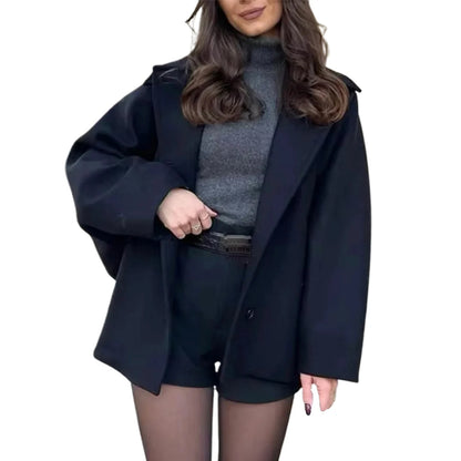 Women s Winter Oversized Wool Jacket with Batwing Sleeves and Lapel Collar Button Closure Solid Color Loose Fit Coat for Cold