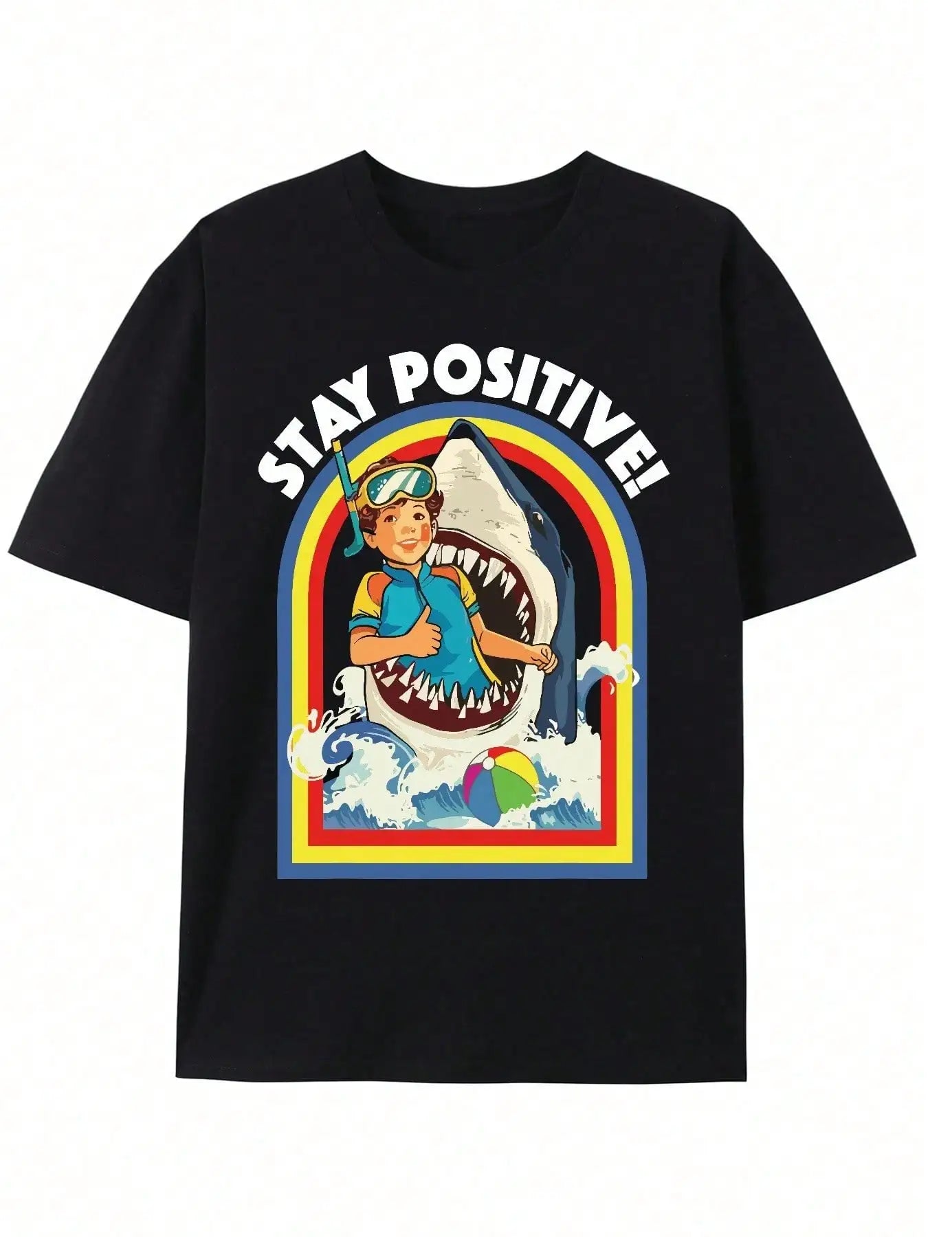 Stay Positive Shark Lovers Graphic T-Shirt Black Short Sleeve Cotton Motivational Ocean Wildlife Design for Men