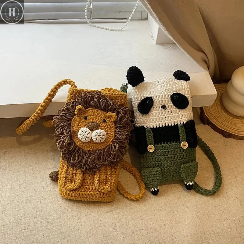 Crochet Shoulder Bag Creative Mobile Phone Bag Lion Knitted Handbag Adorable Cartoon Wool Knitting Bag For Young Women Casual HALALZEN