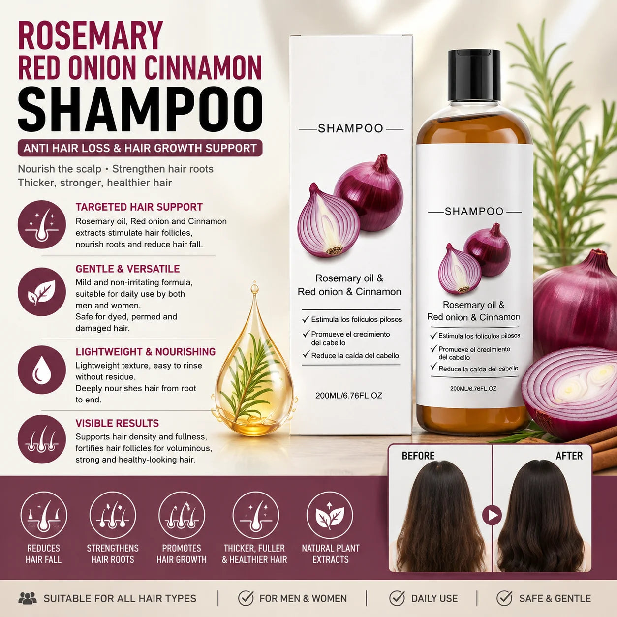 Rosemary Red Onion Cinnamon Shampoo,Anti Hair Loss Treatment for Thicker Stronger Hair, Scalp Nourishing Volumizing Care 200ml
