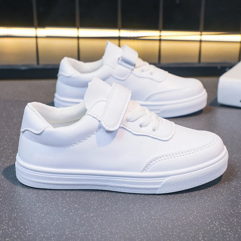 Children Casual Shoes White Pu Leather Plain Design School Kids Sneakers Unisex All-match 26-36 Four Seasons Boys Girls Shoes