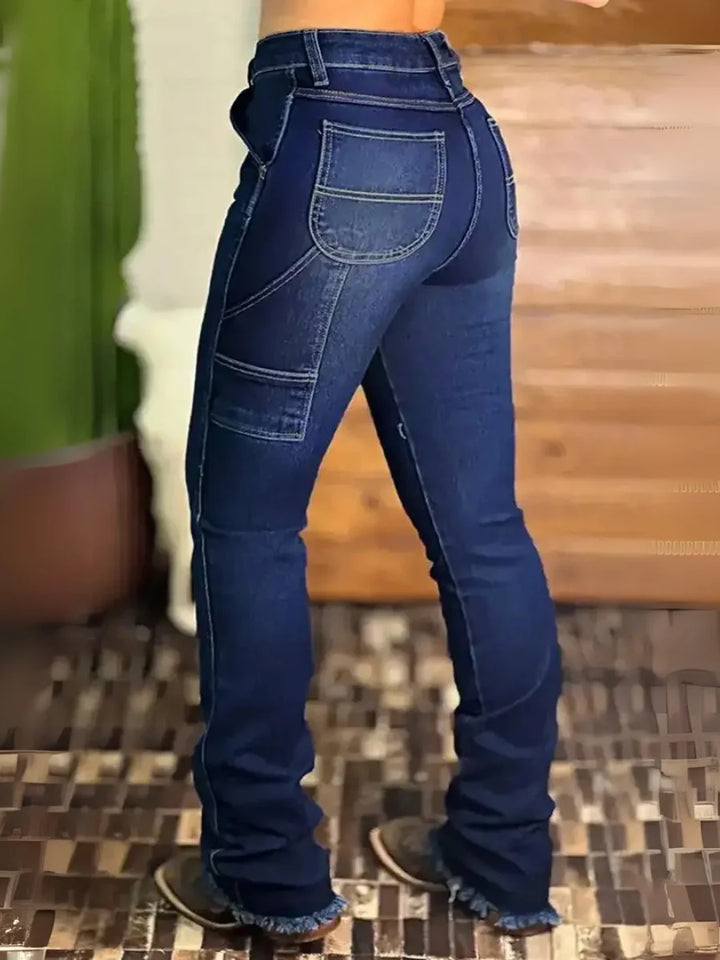 【HME】Women's Stretch Flare Jeans - Vintage Blue Denim Mid-Rise Slim Fit with Slant Pockets & Frayed Hem, No Belt Needed