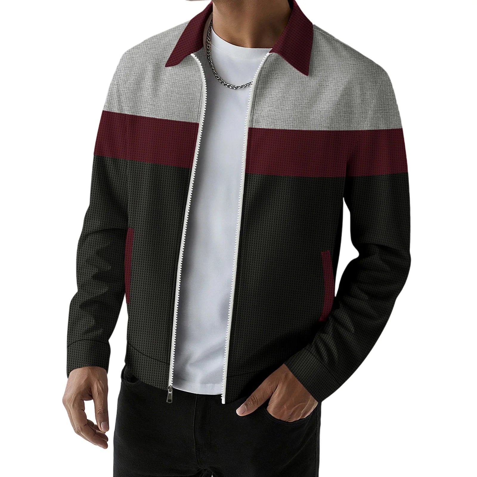 Men s Casual Lapel Collar Zip Up Jacket with Patchwork Design Pockets and Stylish Outerwear for Fall Fashion