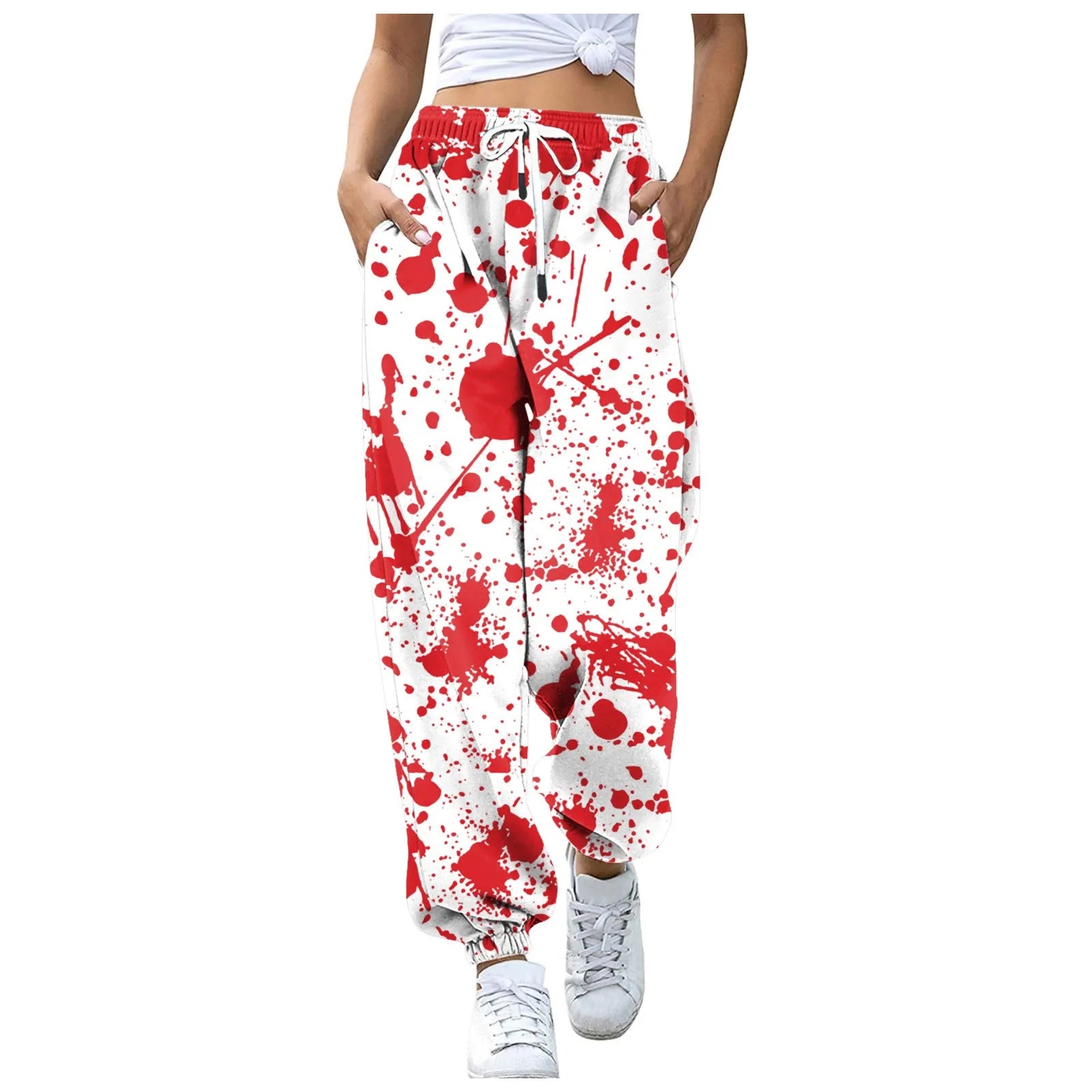 Women Halloween Blood Print Pants Bottom Sweatpants Drawstring Pockets High Waist Sporty Gym Athletic Fit Jogger Pants Trousers
