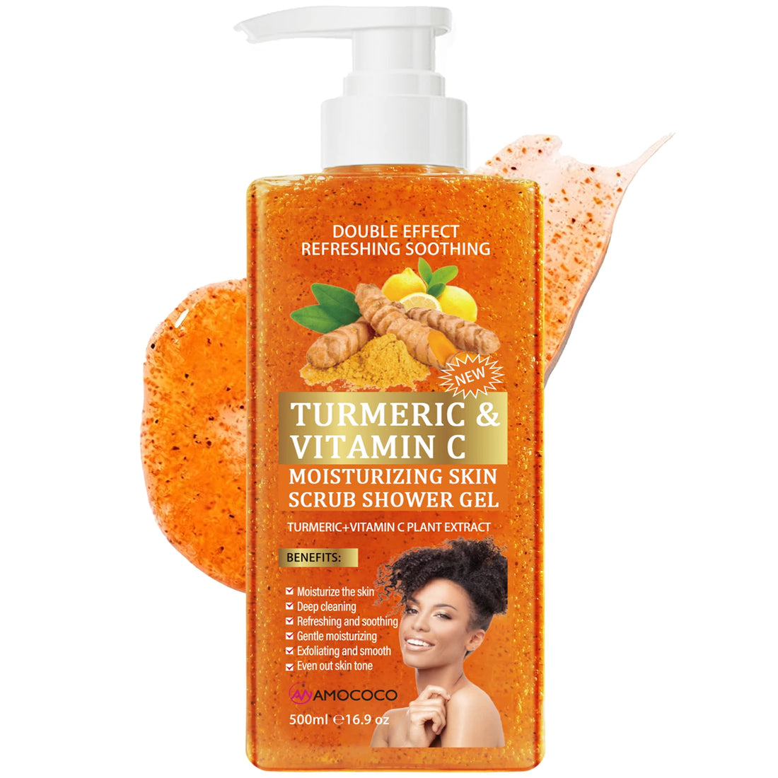 Amococo 2 Pcs Turmeric Vitamin C Body Scrub Shower Gel 500ml Brightening Exfoliating Wash for Uneven Skin Tone Dark Spots Fine Lines