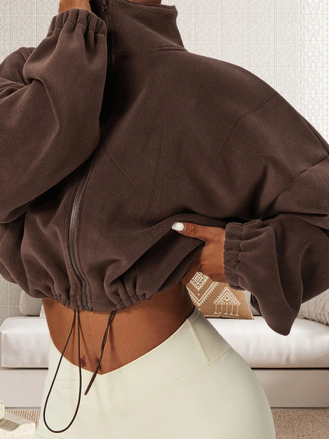 Ladies Cozy Fleece Coat Stylish Full Sleeve High Neck Zipper Closure Coat Autumn Winter Outerwear Trendy Warm Jacket