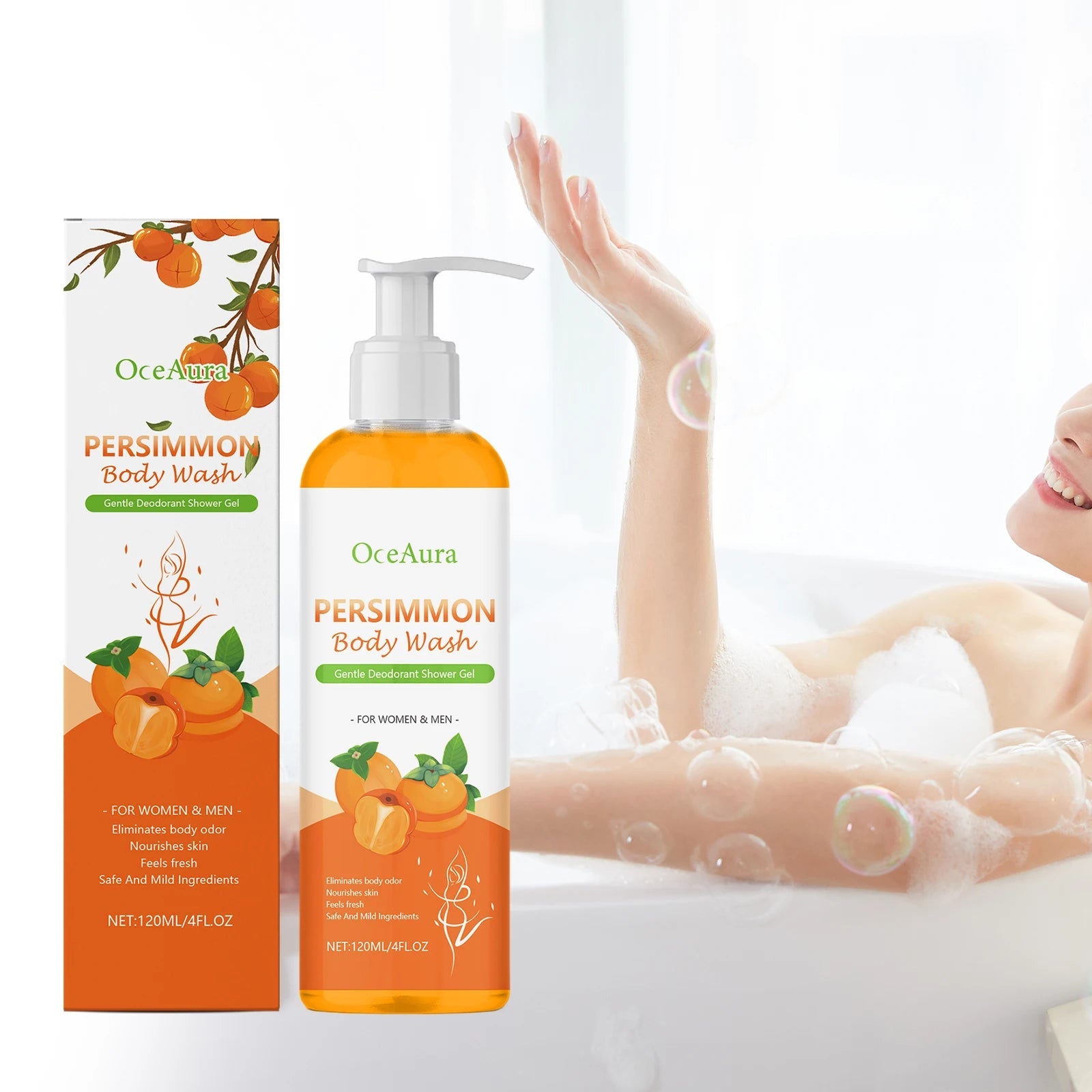 OCEAURA Persimmon Deodorizing Shower Gel Odor Remover Sweat Stains Body Cleaning Lasting Fragrance Smoothing Nourish Body Wash Halalzen