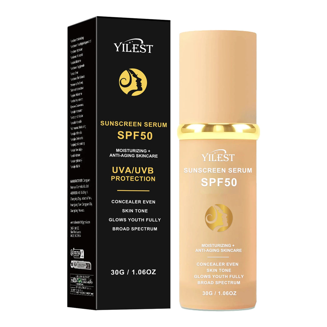 30g YILEST SPF50 Sunscreen Serum, 2‑in‑1 Makeup & Moisturizer, Light Tinted Foundation for Daily Outdoor Use