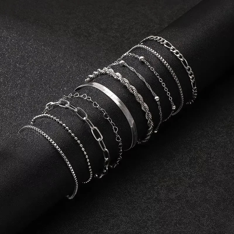 Fashion Flat & Box Chain Bracelet Set – Heart-Shaped Twisted Stackable Bracelets