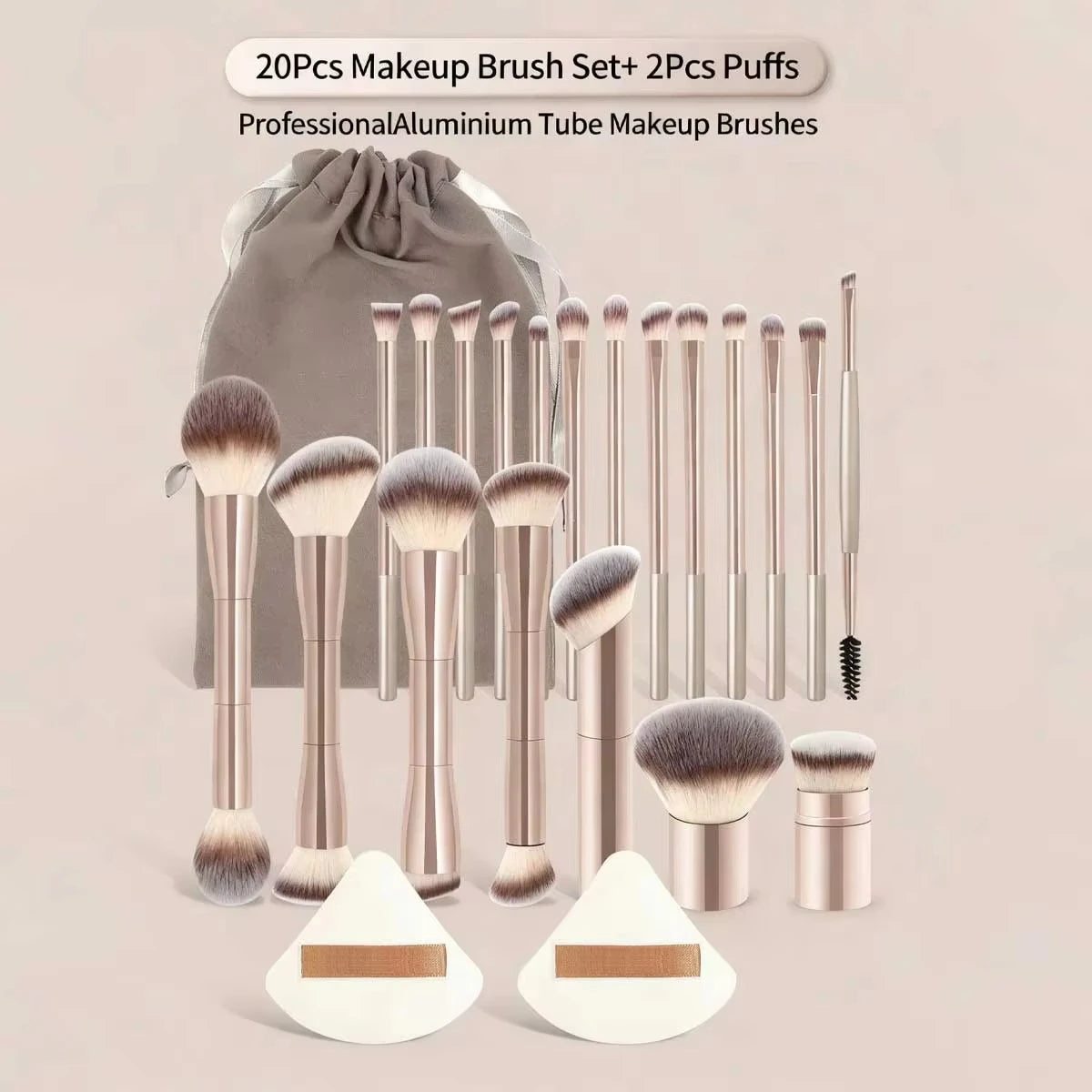22-piece professional makeup tool set, including a velvet storage bag, 20 soft long aluminum tube  brushes + 2 powder puff