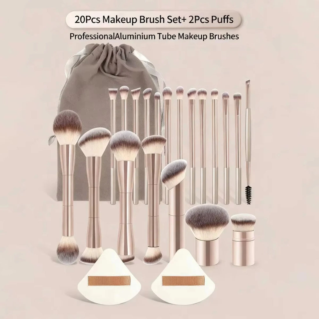 22-piece professional makeup tool set, including a velvet storage bag, 20 soft long aluminum tube  brushes + 2 powder puff