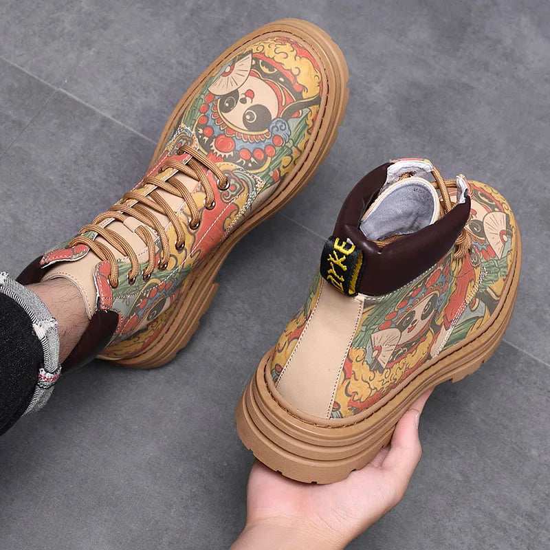 Chinese national treasure Panda Graffiti men's boots Leather casual punk cowboy motorcycle big yellow boots fashion boots
