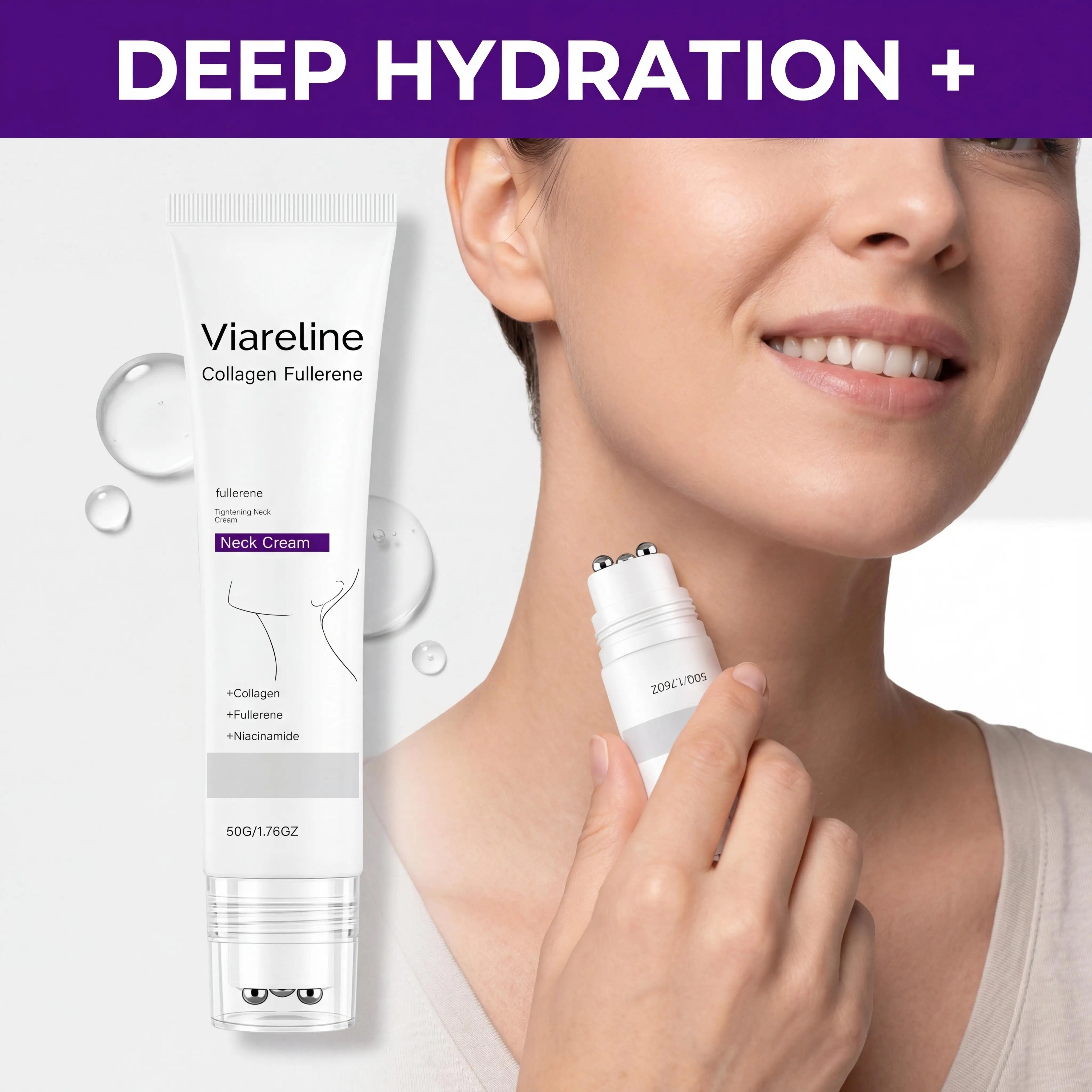 Collagen Fullerene Neck Cream Niacinamide Brightening Jawline Tighten Lift Firming Anti-Wrinkle Neck Care Moisturizing Cream with Rollers