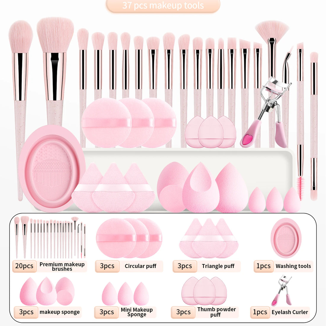 37PCS Makeup Tools Set, 20 Brushes + Sponges Puffs, Eyelash Curler, Cleaning Tool for Full Face