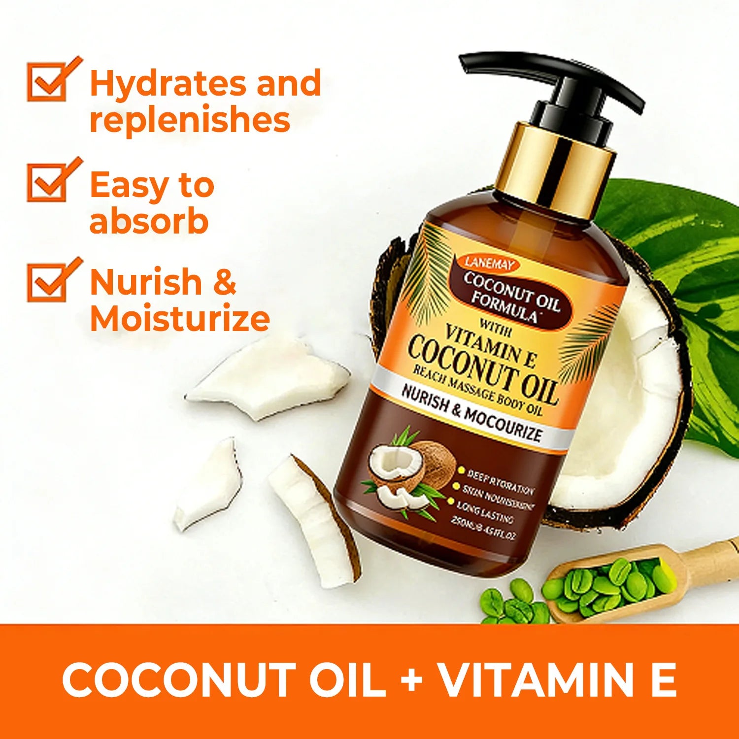 Coconut Oil Body Oil with Vitamin E – 250ml. A Nourishing Formula for Deep Hydration and Skin Replenishment. Enriched with Natur