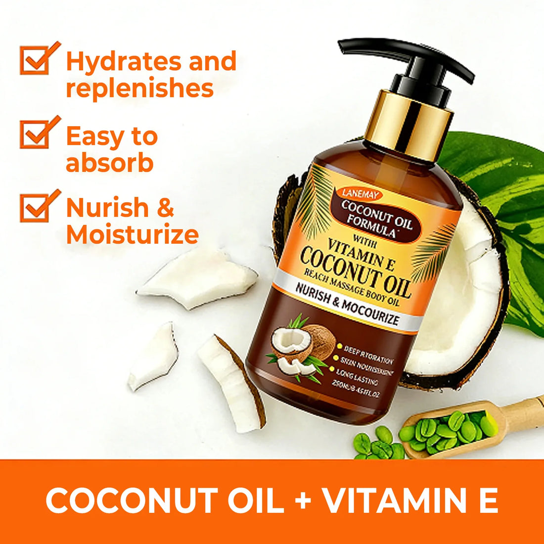 Coconut Oil Body Oil with Vitamin E – 250ml. A Nourishing Formula for Deep Hydration and Skin Replenishment. Enriched with Natur