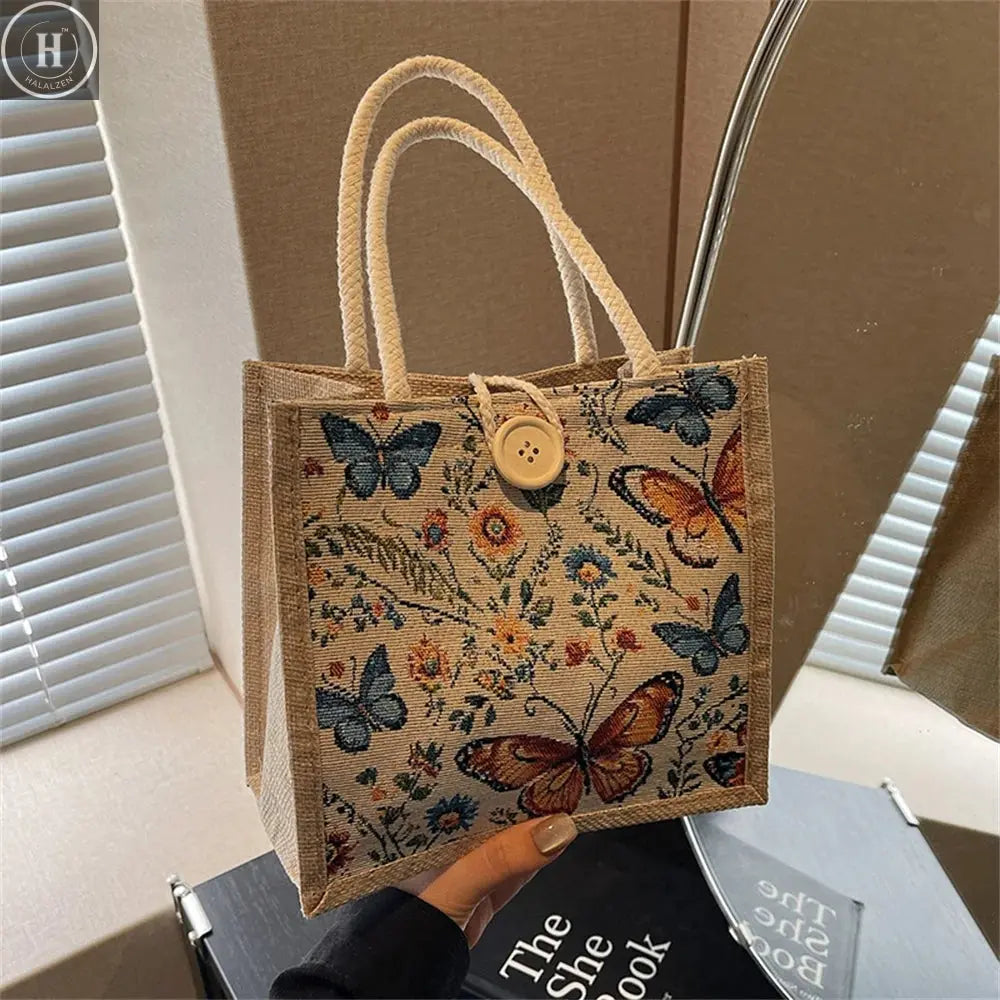 Fashion Linen Handbag Butterfly Printed Canvas Bag Casual Women Recycle Tote Portable Shopping Bag Student Lunch Food Bento Bag HALALZEN