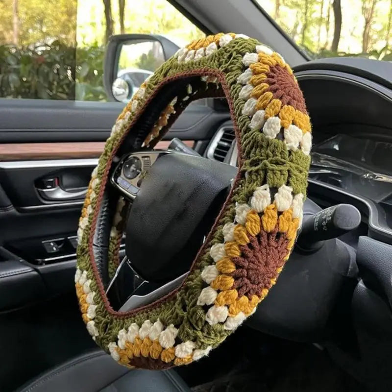 Steering Wheel Cover Set For Women Anti-Slip Handmade Knitted Sunflower Steering Wheel Cover Aesthetic Soft Decor Car