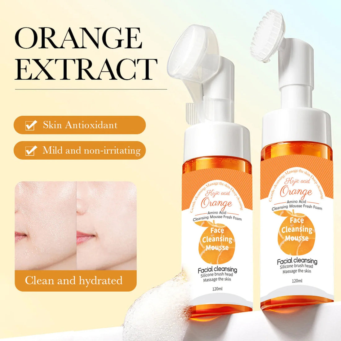 Vc Orange Cleansing Mousse, Silicone Soft Brush Head Cleanses Face, Natural Ingredients Gently Moisturize Skin Halalzen
