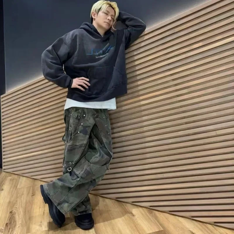 Saint Letter Print Hoodie Vintage Distressed Design Autumn Winter Warm Mens Loose Casual Sweatshirt